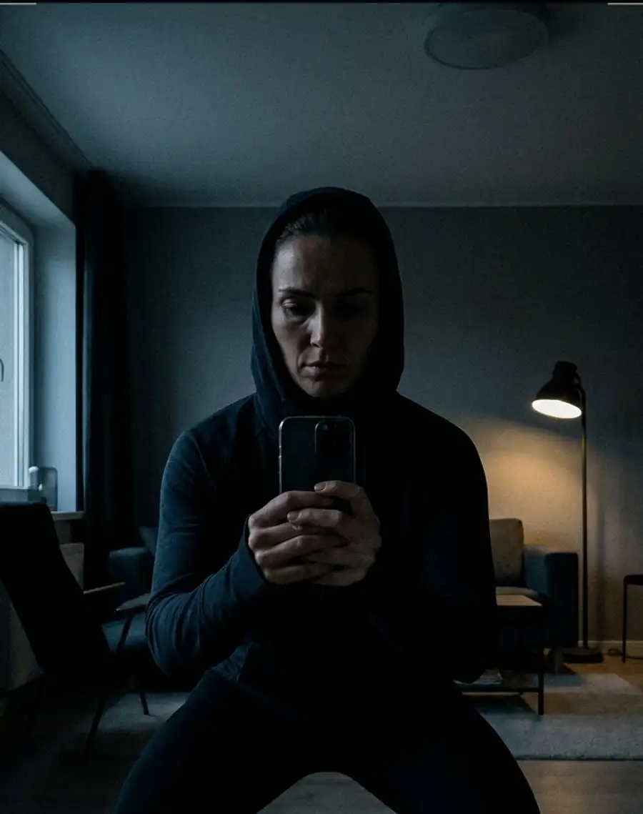 A person in a hooded sweatshirt holding a squat in a dimly lit living room.
